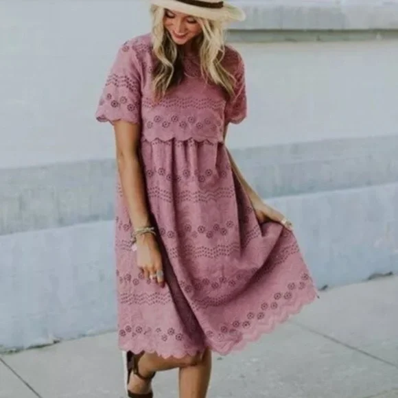 Tea N Rose Dresses | Tea N Rose Piper & Scoot Scalloped Eyelet Dress S | Color: Pink/Purple | Size: S | Rzaegen's Closet Tea N Rose Dresses | Tea N Rose Piper & Scoot Scalloped Eyelet Dress S | Color: Pink/Purple | Size: S | Rzaegen's Closet